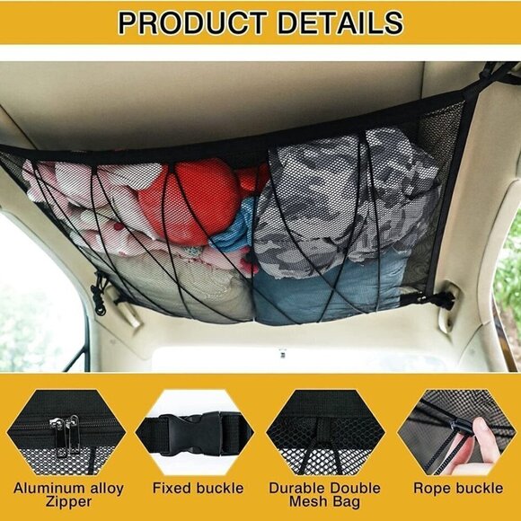 Car Mesh Net Ceiling Interior Roof Storage Adjustable Organizer Bag US 35"x26" - Picture 2 of 7